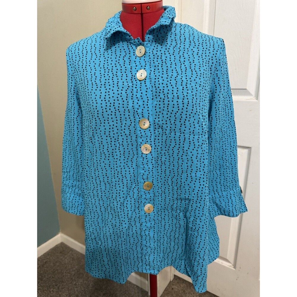 Ali Miles Womens Small Turquoise Dot Button Front Tunic Blouse 3/4 Sleeve Artsy